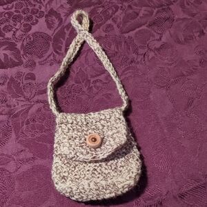 NEW! Handmade Crochet Tiny Bag with Antique Button 100% Virgin Wool Oak Tweed